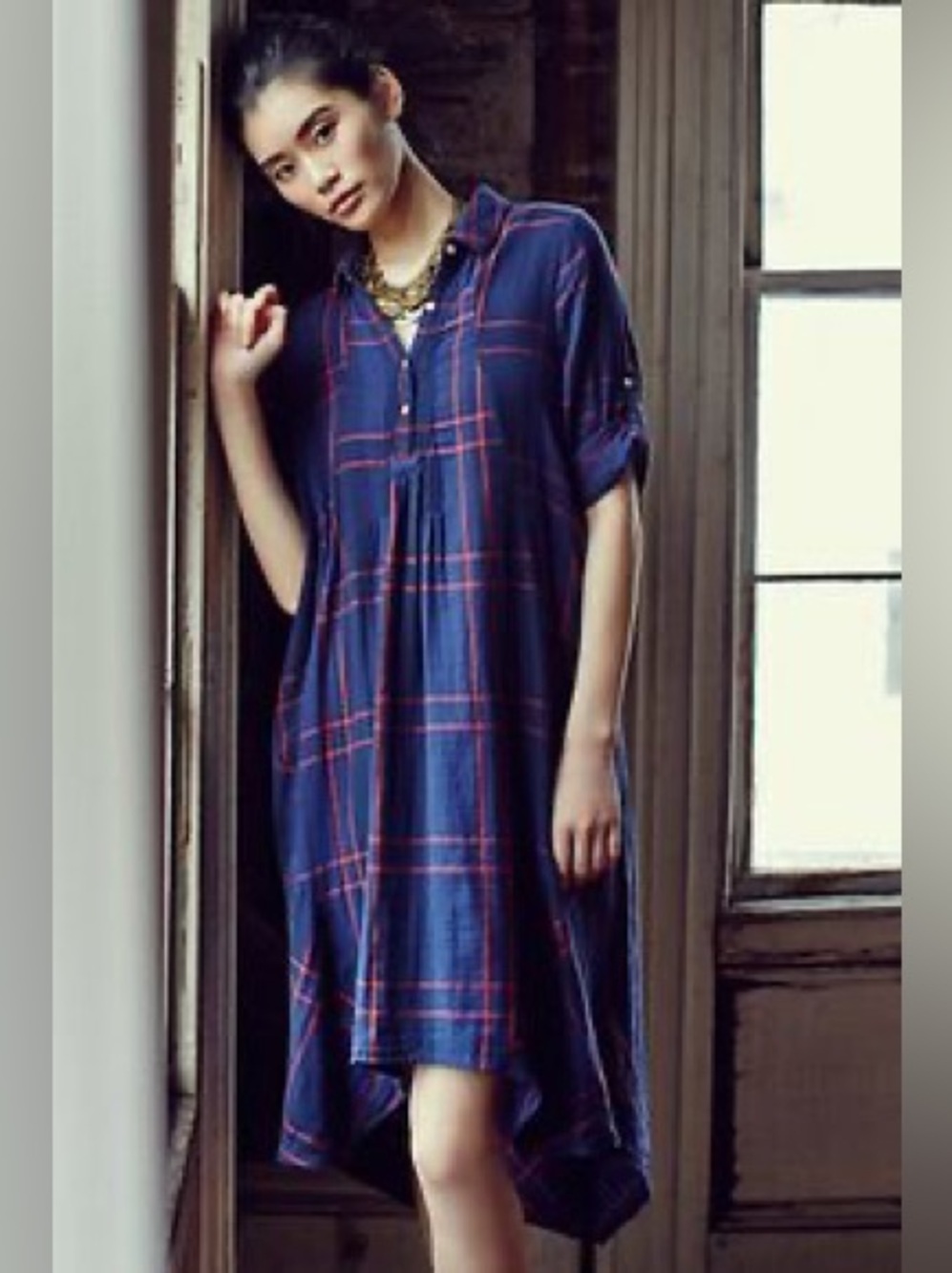Anthropologie Isabella Sinclair Plaid Shirt Dress Navy Red Cotton Midi M